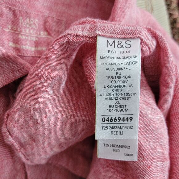M&S Collection Shirt Mens Large Red 100% Linen Short Sleeve Casual Button Up - Picture 11 of 13